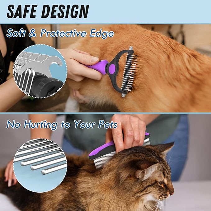 Docrok Pet Grooming Brush and Metal Comb Combo - Undercoat Rake for Dematting and Deshedding Long Matted Haired Dogs and Cats, Purple