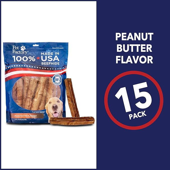 Pet Factory 100% Made in USA Beefhide 8" Rolls Dog Chew Treats - Peanut Butter Flavor, 15 Count/1 Pack