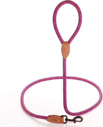 Mile High Life Rope Leash with Genuine Leather Connection, 6 FT/5 FT/4 FT, Heavy Duty Leash for Medium & Large Dogs (Hot Pink, 48 Inch)