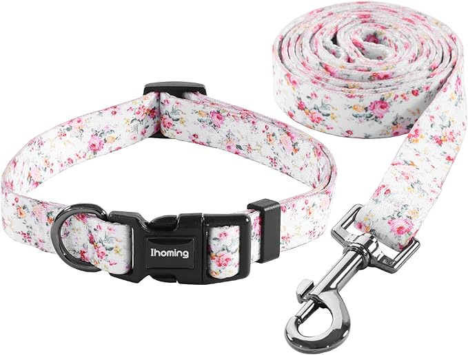 Ihoming Dog Collar and Leash Set for Daily Outdoor Walking Running Training, Floral Sky Design for Large Boys Girls Dogs Cats Pets, L-Up to 80LBS