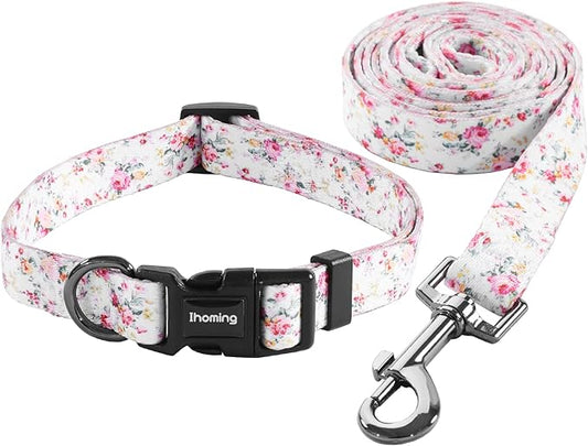 Ihoming Dog Collar and Leash Set for Daily Outdoor Walking Running Training, Floral Sky Design for Medium Boys Girls Dogs Cats Pets, M-Up to 45LBS