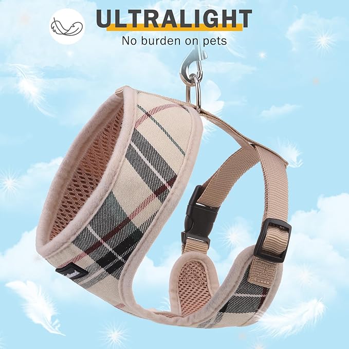 SCENEREAL No Pull Small Dog Harness Collar and Leash Set, Soft Mesh Step in Plaid Puppy Harnesses for Fall Winter, No Chock Adjustable Pet Vest for Outdoor Walking Training and Running, Beige S