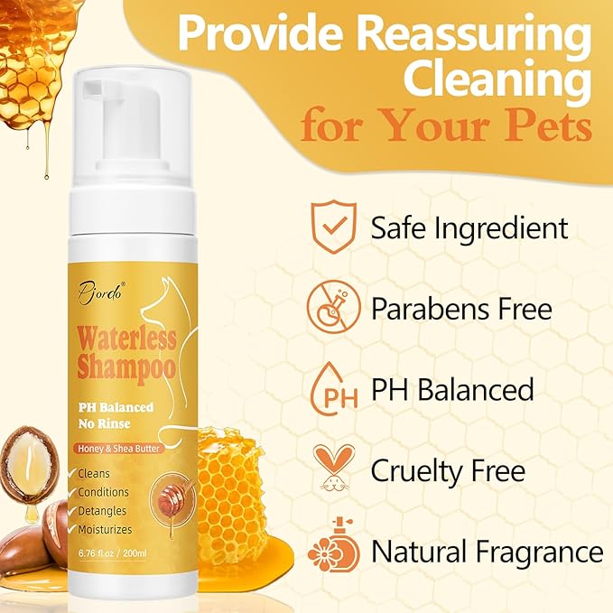 Pjordo Waterless Shampoo for Cat & Dog with Honey & Shea Butter, No Rinse Dry Pet Shampoo Waterless for All Fur, Cleaning & Removes Odors, Conditioning & Anti-Tangle, Moisturizing Skin