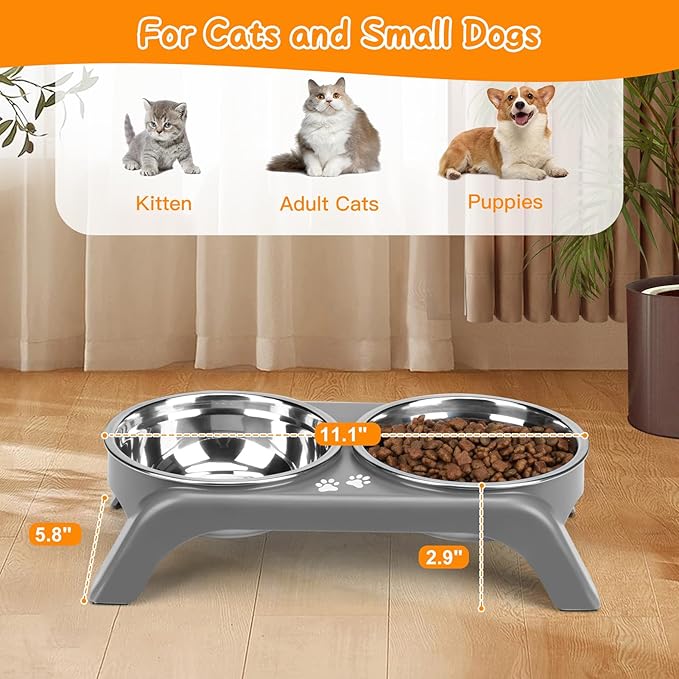 Elevated Dog Bowls for Small Dogs, 3” High Raised Dog Bowl Stand with Dual 5” Stainless Steel Bowls Non-Slip Pet Feeder for Puppy and Cats, Dishwasher Safe, Grey