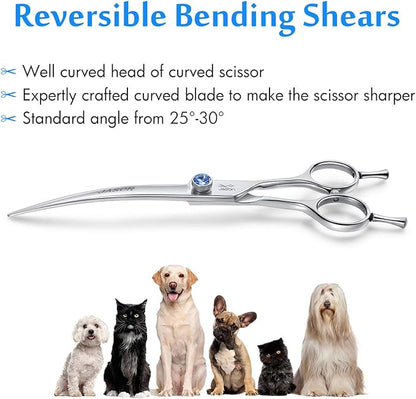 JASON 7" Curved Dog Grooming Scissors, Ergonomic Pets Cats Trimming Shears with Offset Handle and a Jewelled Screw for Right Handed Groomers, Sharp, Comfortable Christmas Gift