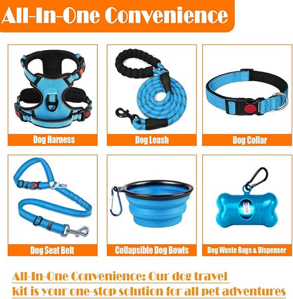 LOBEVE No Pull Dog Harness, Collar & Leash Set | Includes Dog Seat Belt, Collapsible Bowls & Poop Bag Dispenser. Ideal for Training, Walking, Hiking. Fits Small to Large Dogs(Blue-S)
