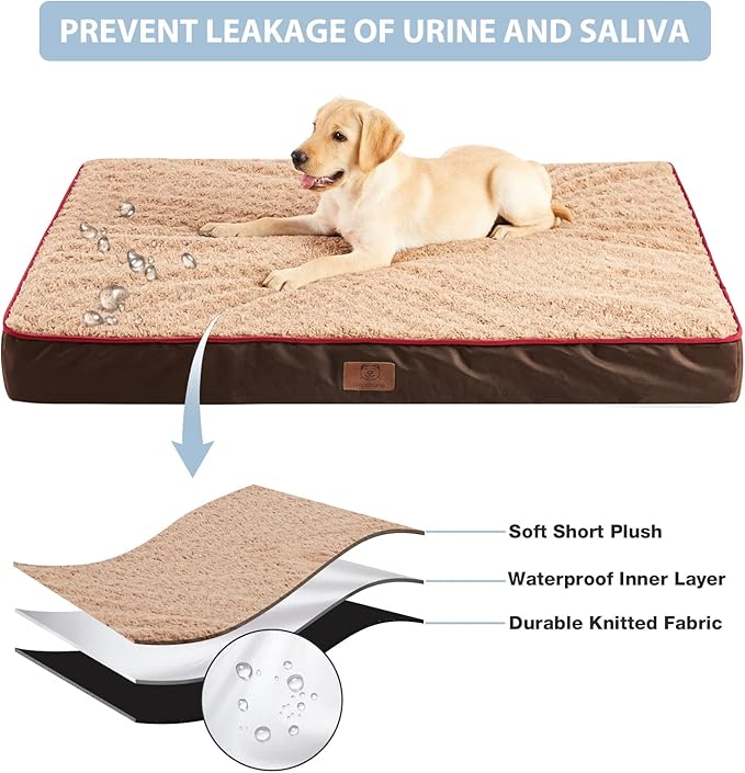 WNPETHOME Orthopedic Large Dog Bed, Large Waterproof Dog Bed with Removable Washable Cover & Anti-Slip Bottom,Egg Crate Foam Pet Bed Mat,Soft Rose Plush Pet Crate Mat