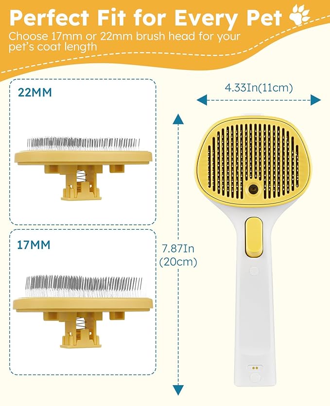 Cat Steam Brush for Cats & Dogs, Pet Steam Brush 3-in-1 with 2 Mist Modes, One-Touch Self Cleaning, Magnetic Safe Charging, Cat Hair Brush for Shedding, Dog Brush for Shedding, Yellow