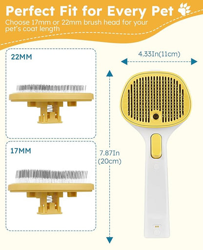 Cat Steam Brush for Cats & Dogs, Pet Steam Brush 3-in-1 with 2 Mist Modes, One-Touch Self Cleaning, Magnetic Safe Charging, Cat Hair Brush for Shedding, Dog Brush for Shedding, Yellow