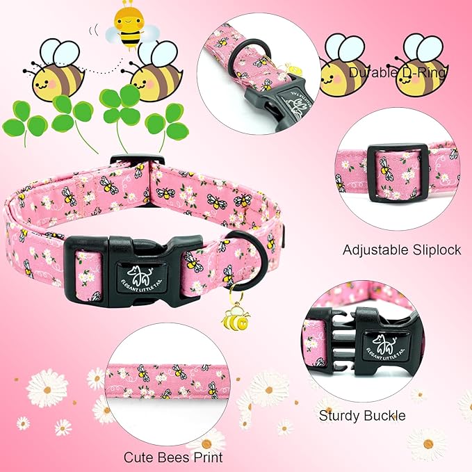 Elegant little tail Dog Collar, Cute Bees Pattern Pet Collar Pink Durable Holiday Female or Male Adjustable Cotton Pet Collar with Quick Release Buckle for X-Small Puppy