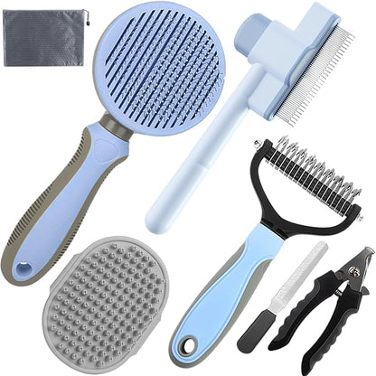 KUEIOX Dog Brush for Shedding,7 PCS Pet Grooming Brush Kit to De-fur & Hair Slicker Deshedding Brushes with Undercoat Rake Comb Bath Brush&Nail Clipper for Grooming Short Long Haired Dogs Cats Blue