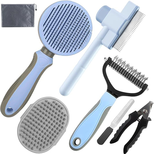 KUEIOX Dog Brush for Shedding,7 PCS Pet Grooming Brush Kit to De-fur & Hair Slicker Deshedding Brushes with Undercoat Rake Comb Bath Brush&Nail Clipper for Grooming Short Long Haired Dogs Cats Blue