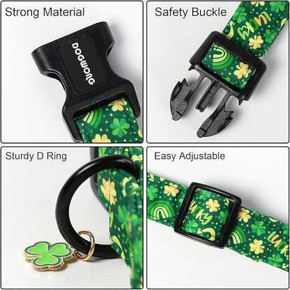 DOGWONG St Patrick's Dog Collar, Green Clover Pet Collar Cotton Shamrock Pet Collar Cute Puppy Collar Adjustable Pet Dog Collars for Large Dogs,XL