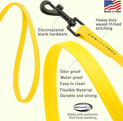 Dogline Biothane Waterproof Dog Leash Strong Coated Nylon Webbing with Black Hardware Odor-Proof Easy to Clean High Performance for Small or Large Dogs Made in USA 2 ft Lead, Lemon Yellow