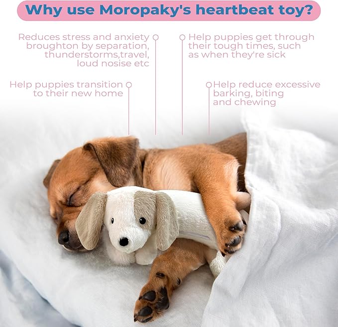 Moropaky Heartbeat Puppy Toy for Dogs, Heartbeat Stuffed Animal for Anxiety Relief Calming Aid, Heartbeat Stuffed Toy for Behavioral Aid Crate Kennel Training, Puppy Essentials White