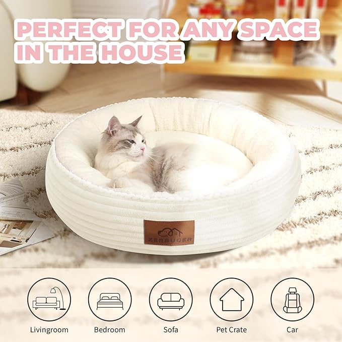 Zerbuger 20in Cream Round Cat Dog Bed Gift for Large Medium Small Dogs Cats, Machine Washable Sleeping Sofa, Non-Slip Bottom Breathable Soft Calming Pet Cuddler for Indoor/Outdoor/Car/Cage