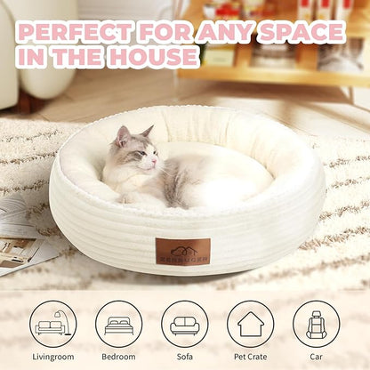 Zerbuger 20in Cream Round Cat Dog Bed Gift for Large Medium Small Dogs Cats, Machine Washable Sleeping Sofa, Non-Slip Bottom Breathable Soft Calming Pet Cuddler for Indoor/Outdoor/Car/Cage