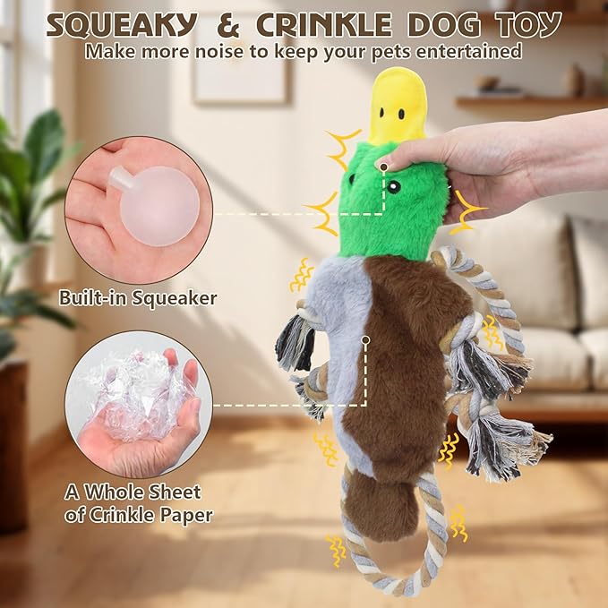 3 Pack No Stuffing Squeaky Dog Toys,Tug of War Dog Toy with Pull Rope, Interactive Dog Toys Dog Gifts for Small,Medium Dog