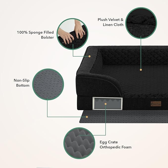 Casa Paw Orthopedic Dog Beds for Large Sized Dogs, Waterproof Memory Foam Large Pet Bed with Sides 35x22Inch, Non-Slip and Egg-Crate Foam Big Dog Couch Bed with Removable Washable Cover, Black