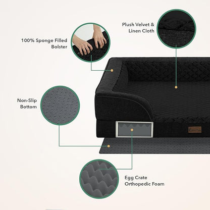 Casa Paw Orthopedic Dog Beds for Large Sized Dogs, Waterproof Memory Foam Large Pet Bed with Sides 35x22Inch, Non-Slip and Egg-Crate Foam Big Dog Couch Bed with Removable Washable Cover, Black