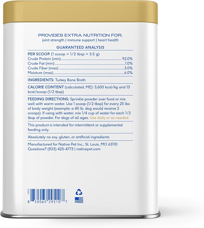 Native Pet Bone Broth for Dogs and Cats - Turkey Bone Broth Powder Dog Food Toppers for Picky Eaters - Provides Extra Nutrition for Joint Strength, Immune Support & Heart Health - 96 Scoops