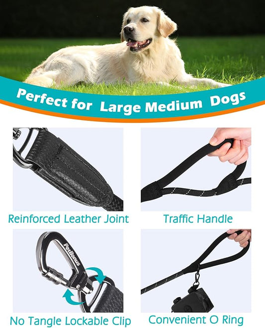 PetBonus Double Handle Rope Dog Leash, 5FT Heavy Duty Training Lead with Lockable Hook and 2 Comfortable Padded Handles, Reflective Walking Nylon Leash for Large Medium Dogs (55-200 lbs, Black)