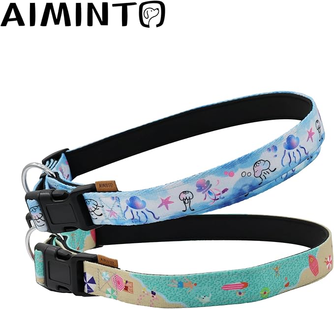 Dog Collar, Cute Holiday in Beach Pattern, Neoprene Padded and Adjustable Collar with Quick Release Buckle, Reinforced Structure (L (Neck 18-28", Width 1"), Beach Green)