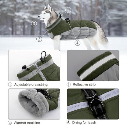Lelepet Dog Coat Warm Dog Winter Coat Waterproof Dogs Jacket with Harness Built in Reflective Pet Fleece Vest Zip-Up Cold Weather Coats for Large Dogs Turtleneck Windproof Boston Terrier Army Green L