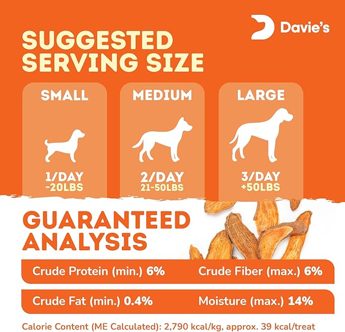 Davie's Sweet Potato Dog Treats - Healthy, Natural, Low Fat Chews Made in USA Only, 0.5 lb. Bag