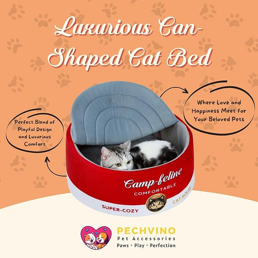 PECHVINO Can-Shaped Cat Bed with Privacy Cover - Comfortable Cushion for Cats & Small Dogs