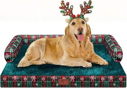 XL Christmas Dog Bed for Extra Large Dogs-Waterproof Large Dog Cat Bed with Sides,Foam Big Pet Couch Sofa Beds with Washable Removable Cover，Comfort Orthopedic Pet Beds with Non-Slip Bottom