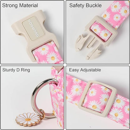 DOGWONG Flower Dog Collar-Daisy Flower Print Girl Dog Collar for Large Cute Dog Collars Spring Female Pet Gift Adjustable Heavy-Duty Soft Collar，S