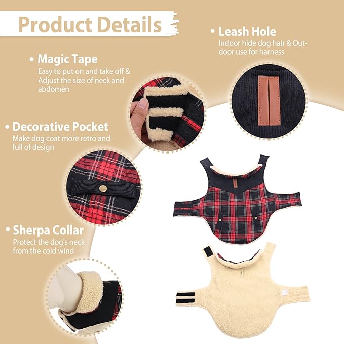 Preferhouse Winter Coat for Small and Medium Dogs, Puppy Plaid Jacket, Warm Coat for Cold Weather, Windproof Warm Dog Garments, Pet Thickened Outfits Indoor Outdoor, Red M