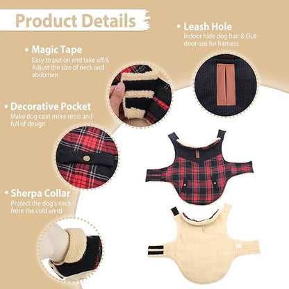 Preferhouse Winter Coat for Small and Medium Dogs, Puppy Plaid Jacket, Cotton Coat for Cold Weather, Windproof Warm Dog Garments, Pet Thickened Outfits Indoor Outdoor, Red S