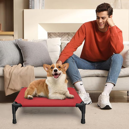 Love&go Elevated Dog Bed with Metal Frame, Cooling Raised Pet Cot for Dog and Cat (S - Red, Small-18.5x18.5x5.5 inch)