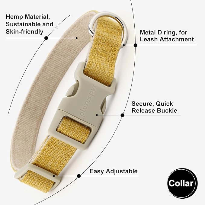 Plutus Pet Cotton Hemp Dog Collar and Leash Set, Adjustable Collar for Small, Medium, and Large Dogs, Heavy Duty and Soft on Skin, Yellow, L