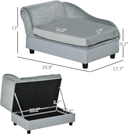 PawHut Luxury Fancy Dog Couch with Hidden Storage, Small Dog Sofa Bed with 2" Soft Foam, Modern Pet Furniture for Puppies & Little Breeds, Pale Gray