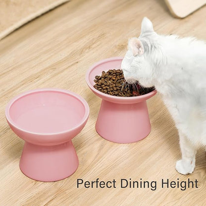 CEEFU 2 Elevated Cat Bowls Extra Wide for Food & Water – Whisker Fatigue, Ceramic Wide Shallow Food Dish, Lead & Cadmium Free, Raised Height for Cats, Pink