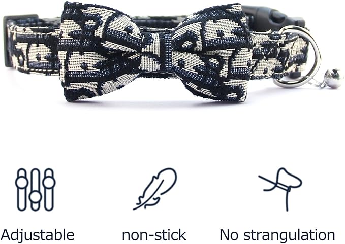 Bowtie Collars for Small Dogs, Elegant Puppy Collars, Tiny Dog Collars with Bowtie Adjustable 9.8"-13.8", Black, S