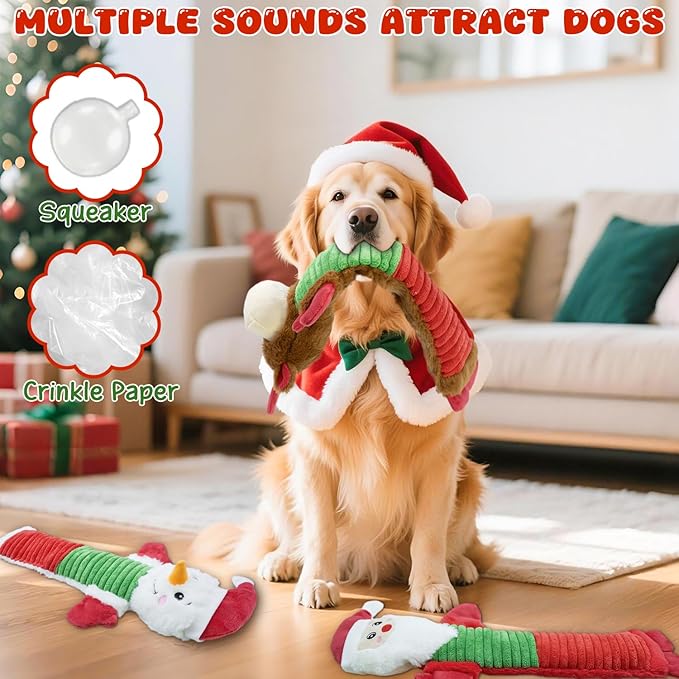 MeetYooo Christmas Squeaky Dog Toys- 3 Pack No-Stuffing Dog Chew Toys with Crinkle and Squeaker- Elk, Santa Claus, Snowman Chew Toys to Keep Them Busy, Tug of War Toys for Medium and Large Dogs