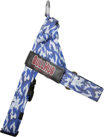 BULLHUG Adjustable Dog Harness– No Pull, No Choke – for English Bulldogs, French Bulldogs, Pugs & Broad-Chested Breeds – Easy, Safe Walks (Blue Camouflage, Large)