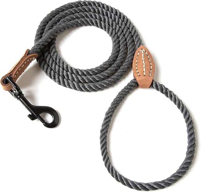 Mile High Life Dog Leash, Braided Cotton Rope Leashes with Leather Tip - Heavy Duty Metal Clasp, 4FT, 1/3" Thick - Wedding, Walking Leash for Small Medium Dogs(Dark Gray)