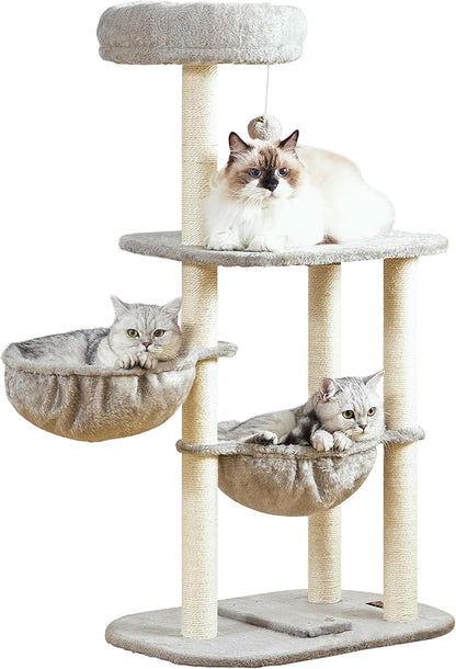 Small Cat Tree Tower with Scratching Post Condo Indoor - 42 Inch Cats Bed Hammock Perch for 2 Corner Cats Large Adult - Medium Short Compact Multi Level Cat House - Tall Climbing Gym Towers Furniture