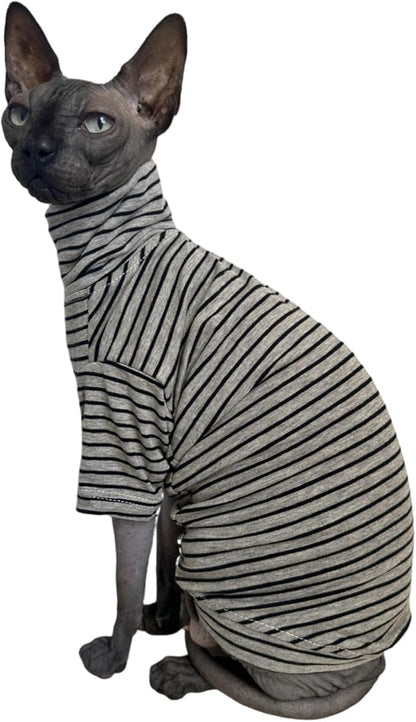 Vintage Stripes Sphynx Hairless Cats Shirt Cotton Cat Turtleneck Pet Clothes Kitten T-Shirts with Sleeves for Sphynx Cornish Rex, Devon Rex, Peterbald (Grey Stripe, Small (Pack of 1))