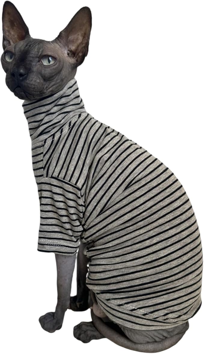Vintage Stripes Sphynx Hairless Cats Shirt Cotton Cat Turtleneck Pet Clothes Kitten T-Shirts with Sleeves for Sphynx Cornish Rex, Devon Rex, Peterbald (Grey Stripe, Large (Pack of 1))