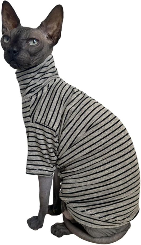 Vintage Stripes Sphynx Hairless Cats Shirt Cotton Cat Turtleneck Pet Clothes Kitten T-Shirts with Sleeves for Sphynx Cornish Rex, Devon Rex, Peterbald (Grey Stripe, Large (Pack of 1))