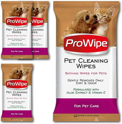 Prowipe Pet Wipes, Dog Wipes, Cat Wipes, Grooming & Cleaning Wipes for Paws and Butt with Aloe Extract & Vitamins, Perfect as Eye, Ear Wipes, Suitable for Puppy, Kitten, Dogs and Cats, 4Pack x 40-160