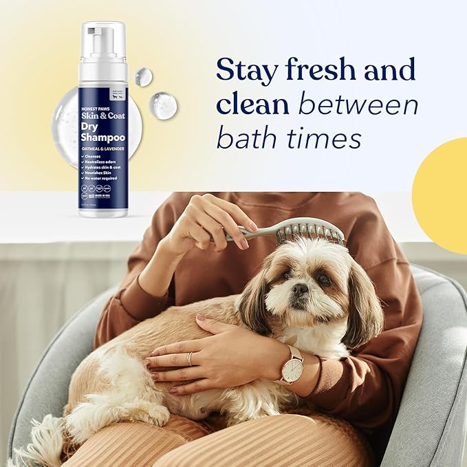 Honest Paws Dog Dry Shampoo - Waterless No Rinse Foaming Formula Reducing Itch Cleanse Hydrate Nourish Dry Skin and Smelly Coat Help Decrease Odor Shedding and Allergies - Oatmeal & Lavender - 6.3 oz