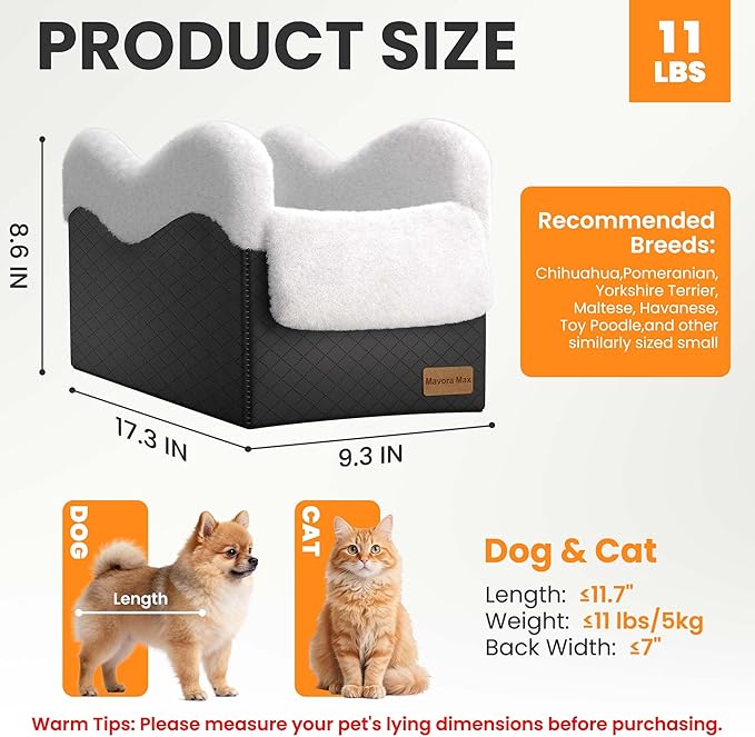 Mavora Max Portable Small Dog Seat for Car, Luxury Center Console Dog Car Seat Booster with Safety Tethers, Anti-Collapse Pet Travel Carseat for SUV, Truck (Black/White)