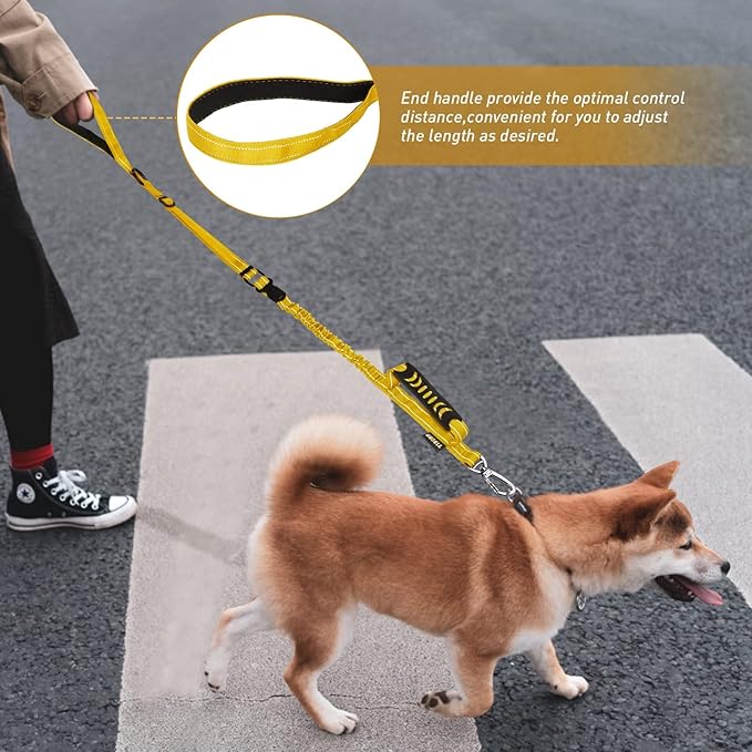 AUBELL Tactical Dog Leash Heavy Duty,4-6ft Reflective Strong No Pull Bungee Leash for Medium Large Dogs with Comfortable Padded Double Handle,Car Seat Belt,360 Degree Rotating Carabiner,Yellow